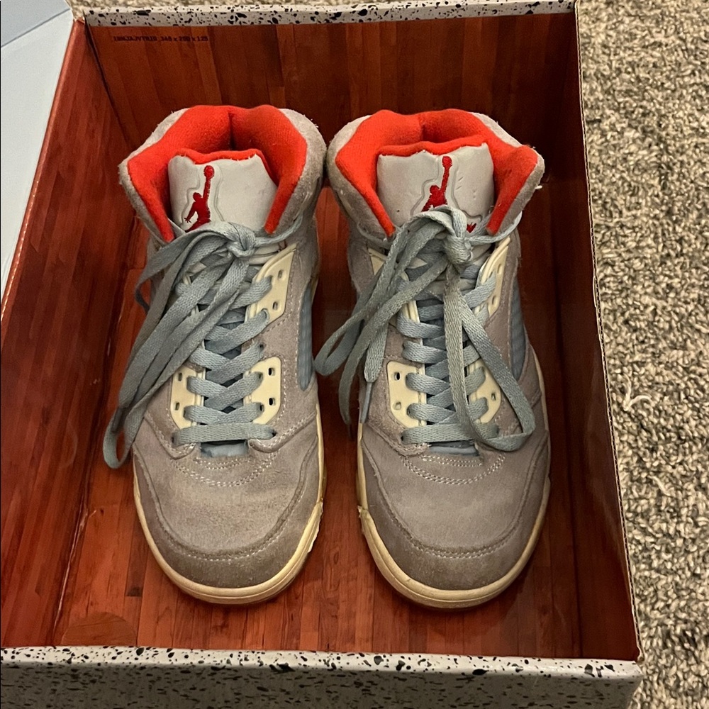 Air Jordan 5 Retro Trophy Room- Ice Blue/Gray and Red High-Top Sneakers, good